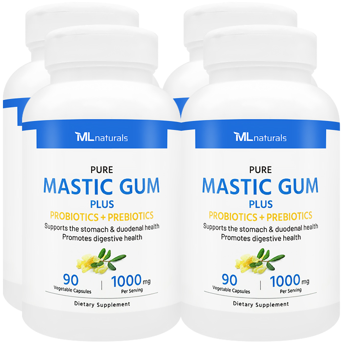 2025 신제품! 4병 마이라이프 내추럴스 매스틱검 1000mg PLUS 프로바이오틱스 + 프리바이오틱스 90야채캡슐 - 상품 이미지