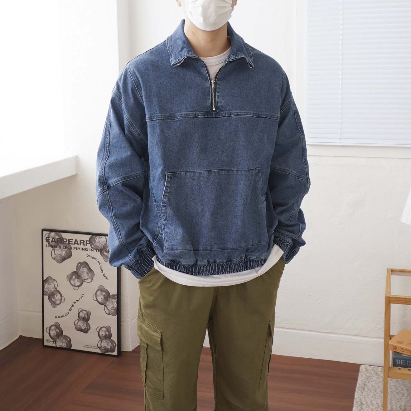 남자 절개 드롭숄더 카라 오버핏 반집업 데님자켓 아노락 빈티지 청자켓 2color - 상세 이미지 2