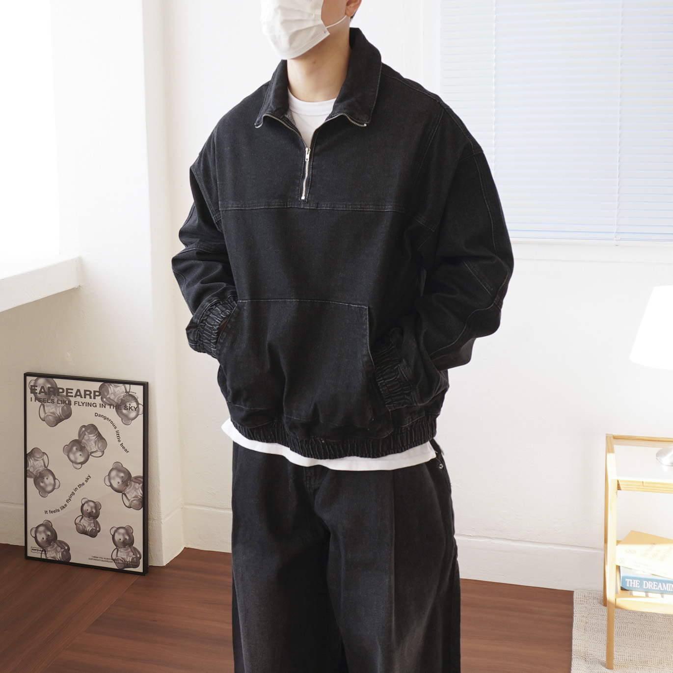 남자 절개 드롭숄더 카라 오버핏 반집업 데님자켓 아노락 빈티지 청자켓 2color - 상세 이미지 4