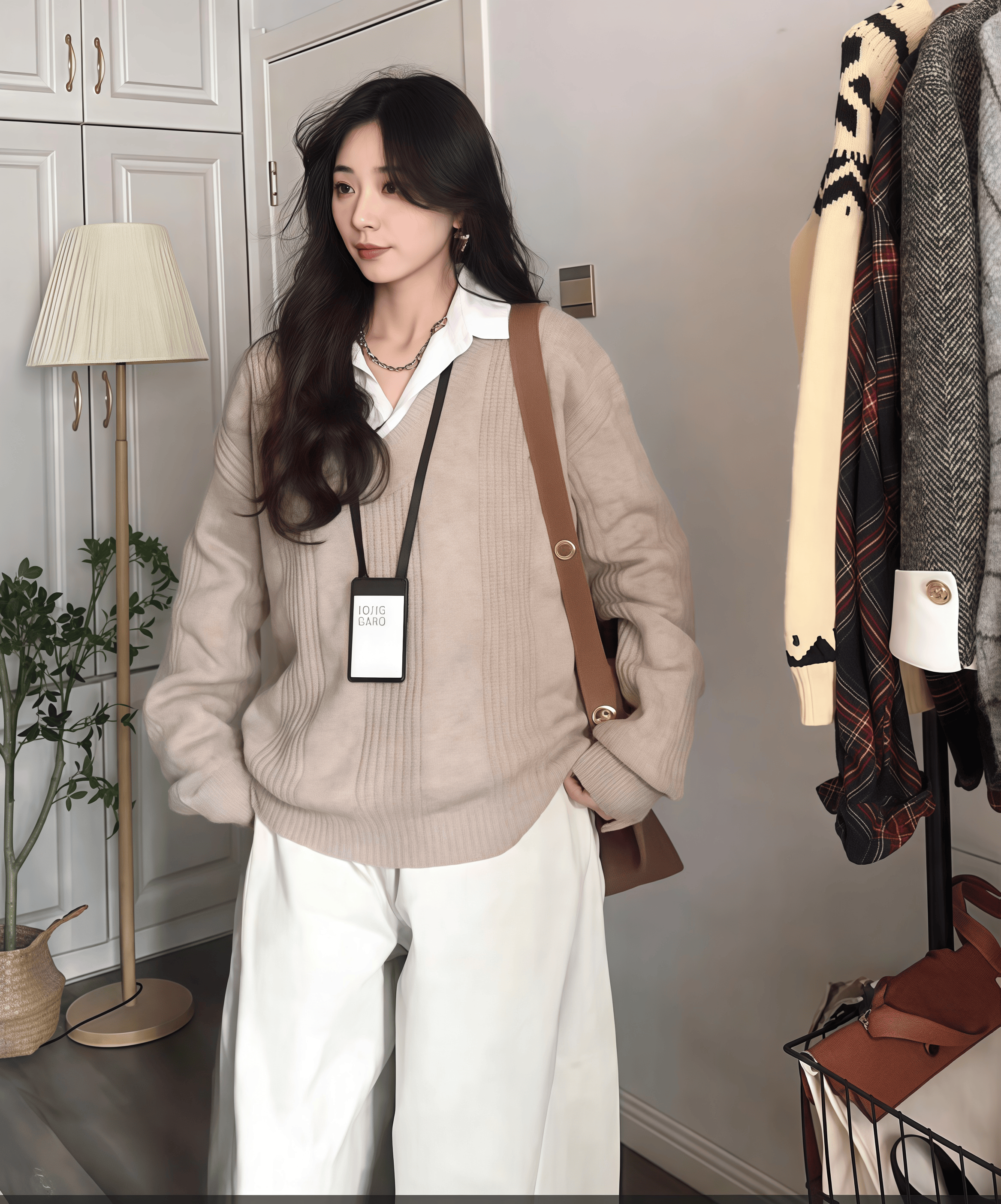 봄 여성 브이넥 골지니트 레이어드 티셔츠 하이웨스트 데님 바지 쓰리피스 - 상세 이미지 4