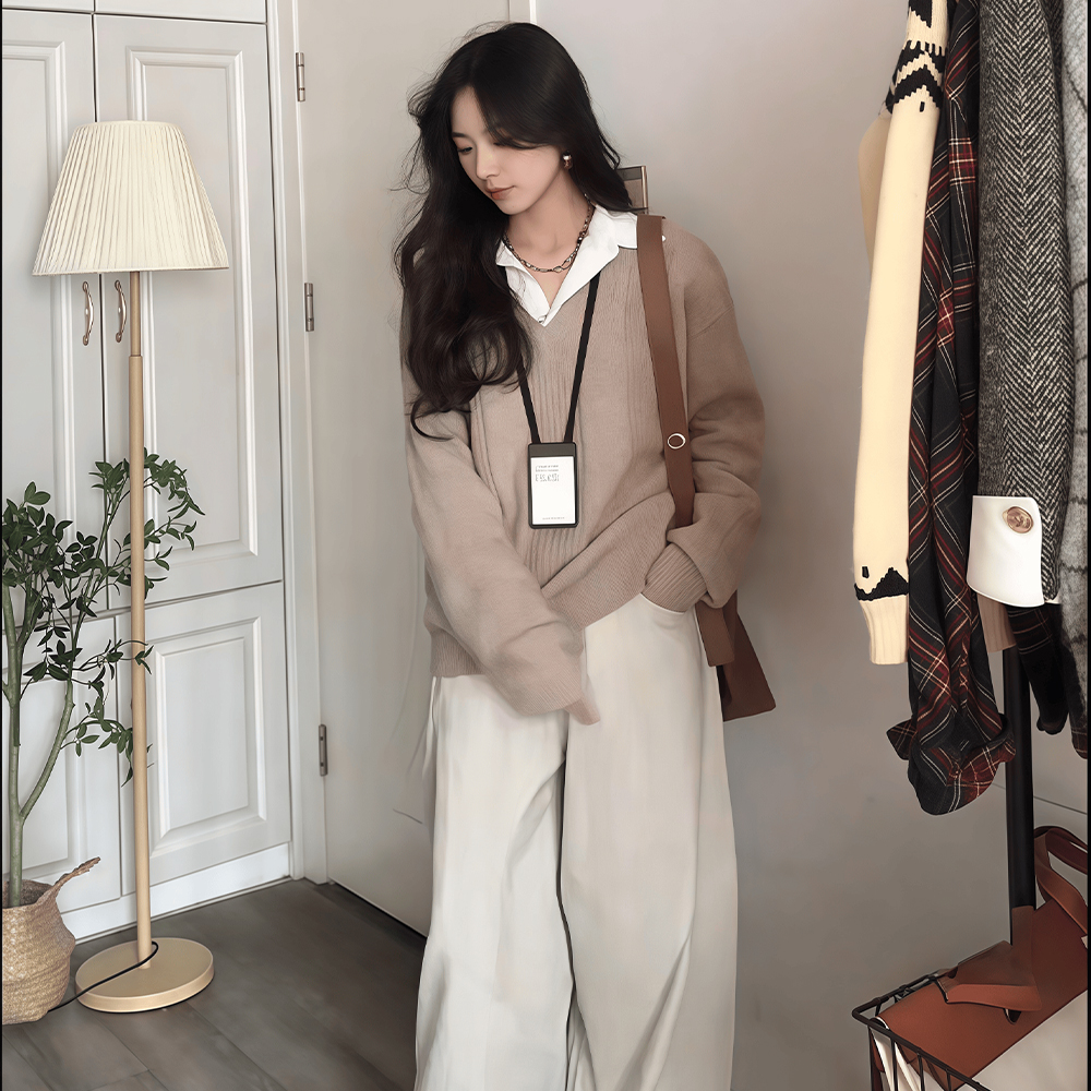 봄 여성 브이넥 골지니트 레이어드 티셔츠 하이웨스트 데님 바지 쓰리피스 - 상품 이미지