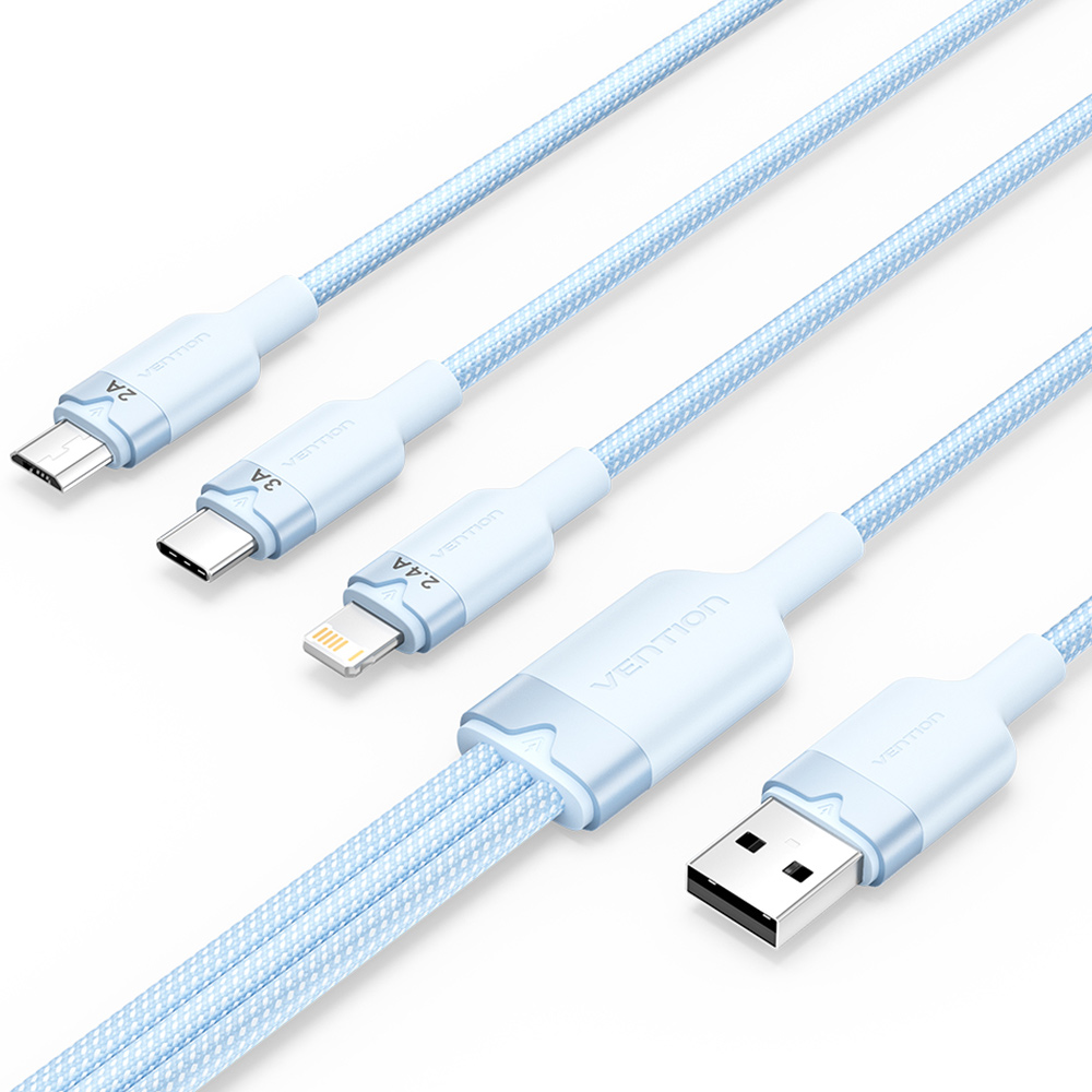 벤션 3in1 USB to 2 C타입 8핀 멀티 충전케이블 CTP 블루, 1개, 1.5m - 상품 이미지