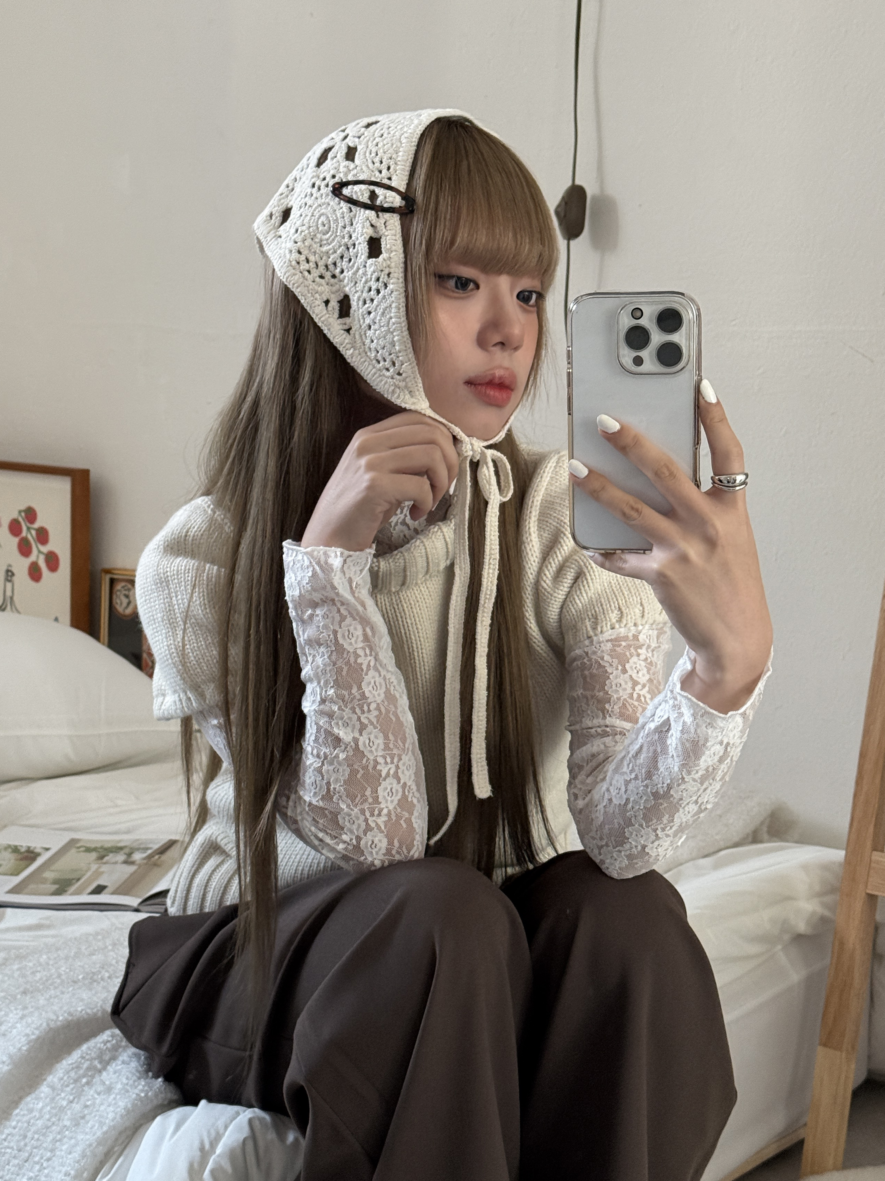 [봄신상] 태팅 플라워리 뜨개 삼각 스카프 헤어 두건 2color 상세 이미지 12