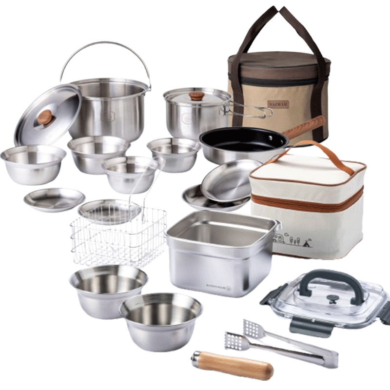 올인원 캠핑 코펠세트 스텐 식기 그릇 접시 튀김 냄비 20종 (+휴대용 가방 포함)