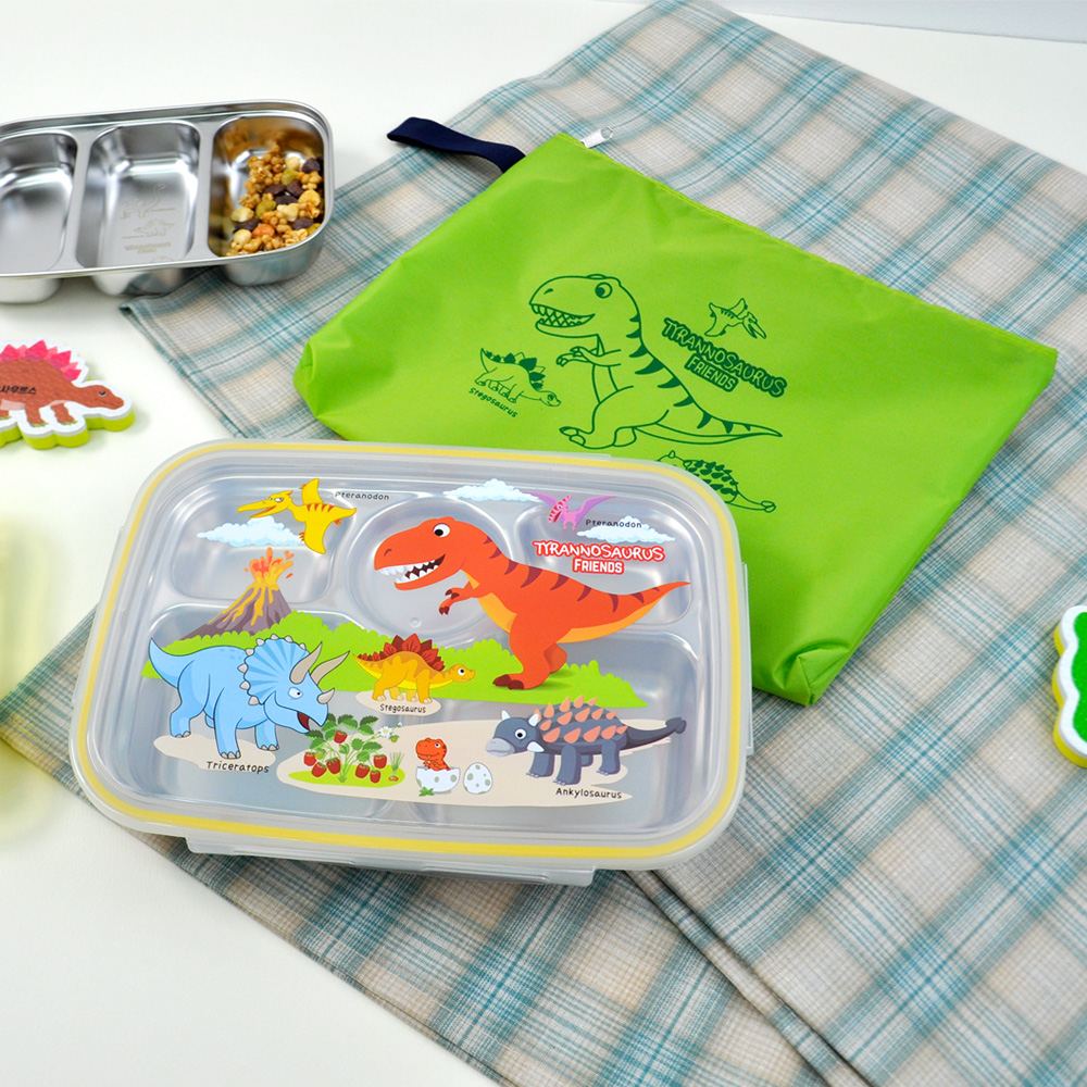 키친유 국내생산 티라노 스텐304 깊은 뚜껑 식판 도시락 가방세트 아동 공룡 캐릭터 5구