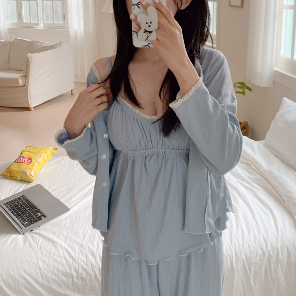 B급상품 캡내장잠옷 순면 빅사이즈잠옷 쓰리피스 면100 홈웨어 에이딘 파자마 세트 - 상세 이미지 4