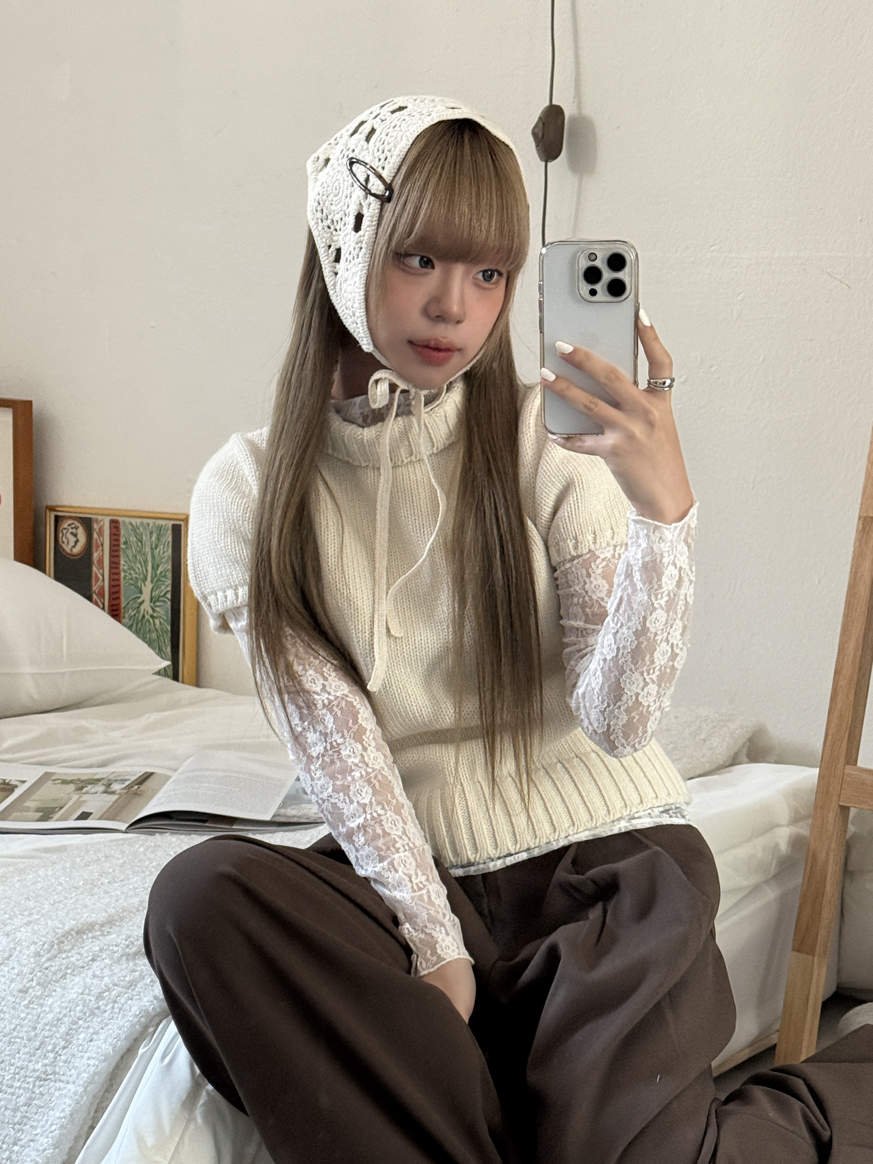[봄신상] 태팅 플라워리 뜨개 삼각 스카프 헤어 두건 2color 상세 이미지 11