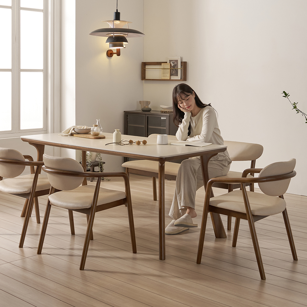하모니 6인용 원목 포세린 세라믹 식탁 세트 식탁+의자3+벤치1, 1800mm, 월넛