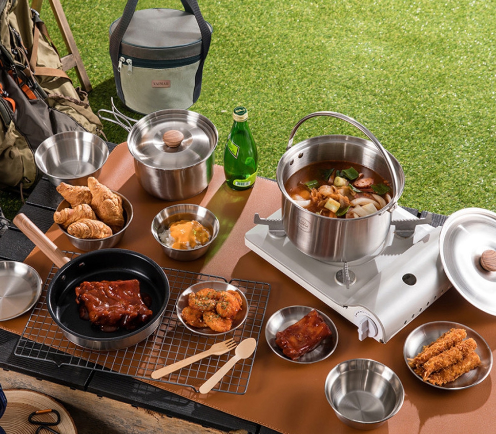 올인원 캠핑 코펠세트 스텐 식기 그릇 접시 튀김 냄비 20종 (+휴대용 가방 포함)