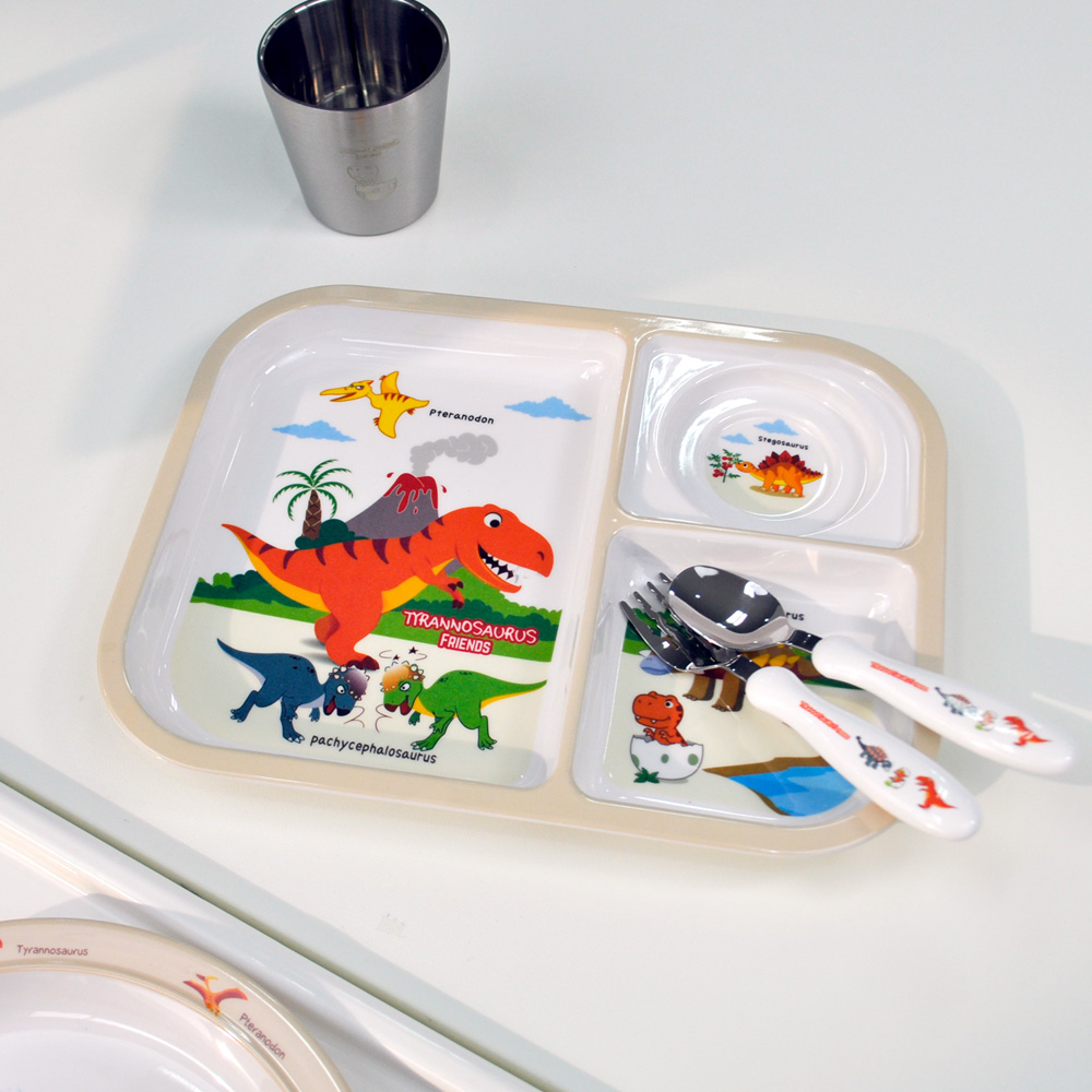 키친유 티라노 간식판 3구 접시 아기 아동용 나눔 공룡 어린이집 자기주도 그릇 가정용