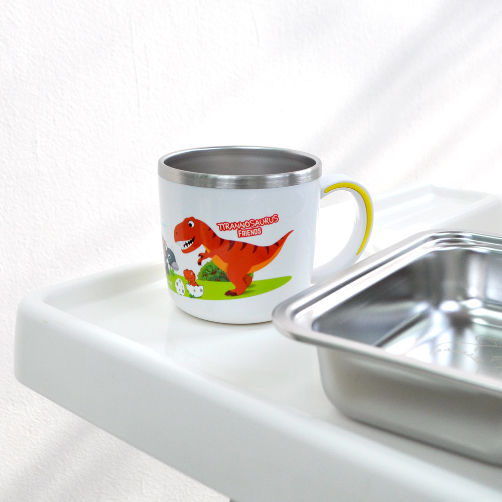 키친유 티라노 논슬립 스텐304 손잡이컵 국산 한손컵 양치 공룡 유치원 준비물 280ml