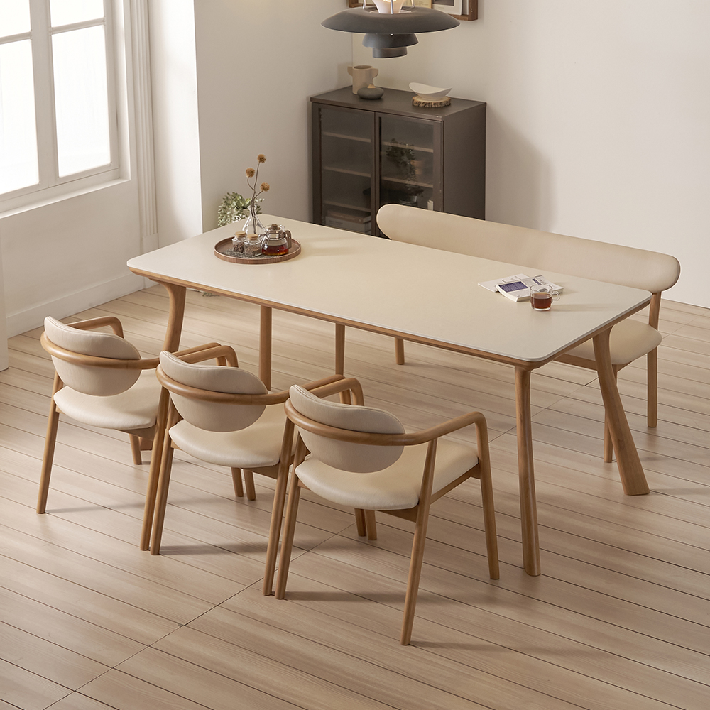 하모니 6인용 원목 포세린 세라믹 식탁 세트 식탁+의자3+벤치1, 1800mm, 쿠키