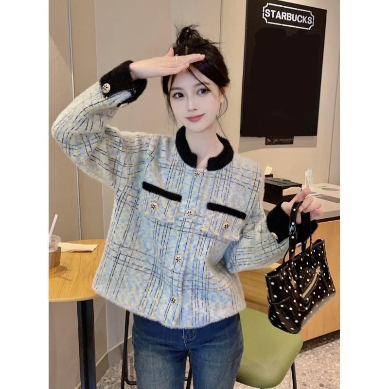 캐주얼 여성 체크무늬 숏자켓 트위드 캐주얼 체크무늬 숏자켓 : 눈부신 Mari