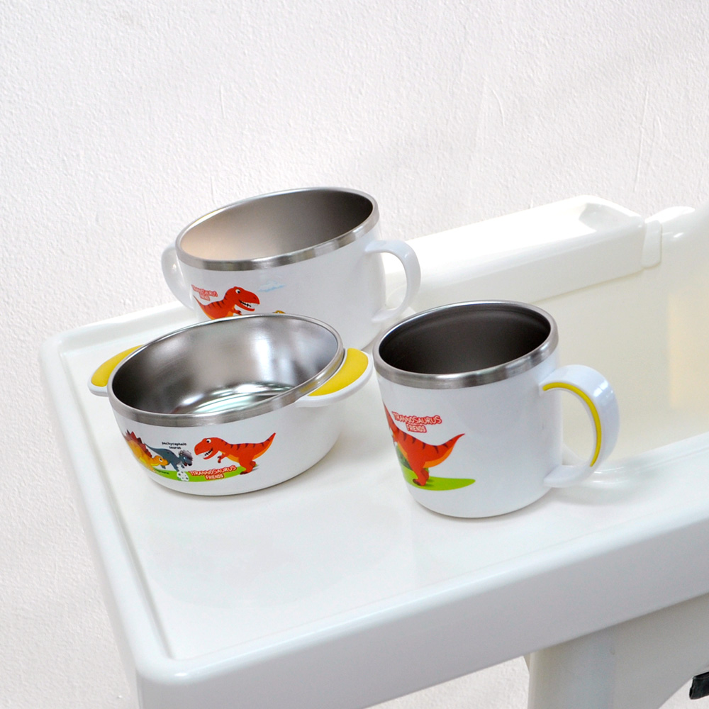 키친유 티라노 논슬립 스텐304 뚜껑 손잡이컵 국산 양치컵 자기주도 공룡 머그 280ml