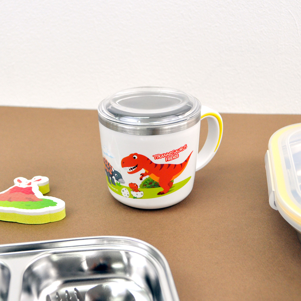 키친유 티라노 논슬립 스텐304 뚜껑 손잡이컵 국산 양치컵 자기주도 공룡 머그 280ml