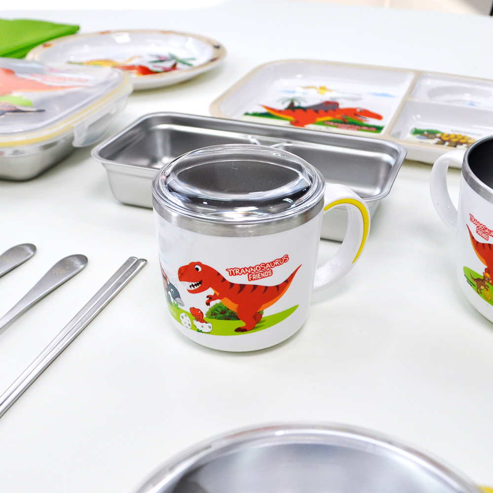 키친유 티라노 논슬립 스텐304 뚜껑 손잡이컵 국산 양치컵 자기주도 공룡 머그 280ml