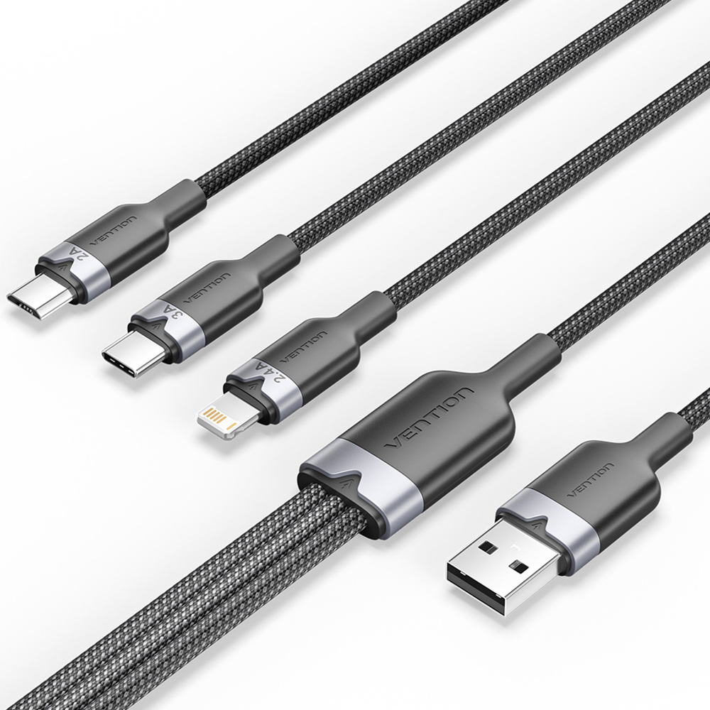 벤션 3in1 USB to 2 C타입 8핀 멀티 충전케이블 CTP 블랙, 1개, 1.5m - 상품 이미지