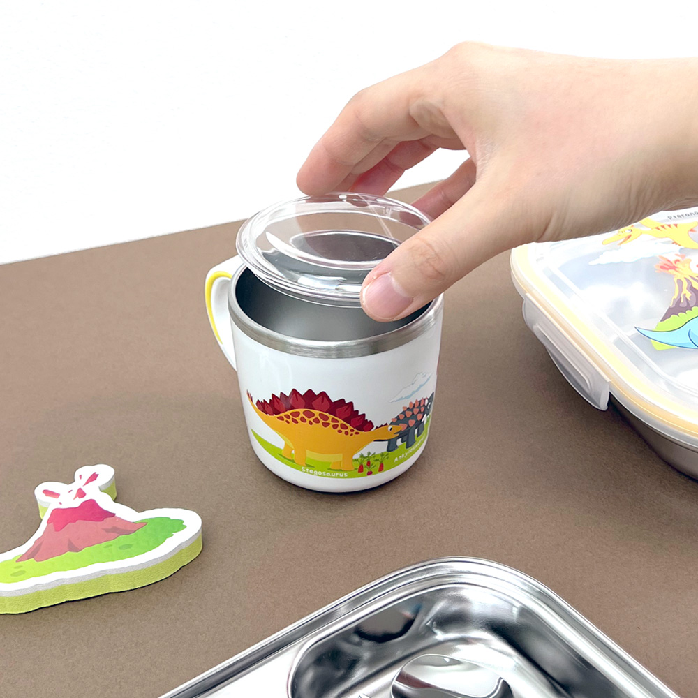 키친유 티라노 논슬립 스텐304 뚜껑 손잡이컵 국산 양치컵 자기주도 공룡 머그 280ml