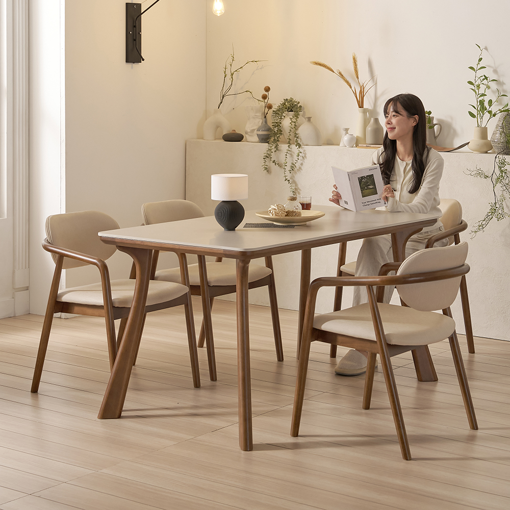 하모니 4인용 테이블 원목 포세린 세라믹 식탁세트 식탁+의자4, 1400mm, 월넛