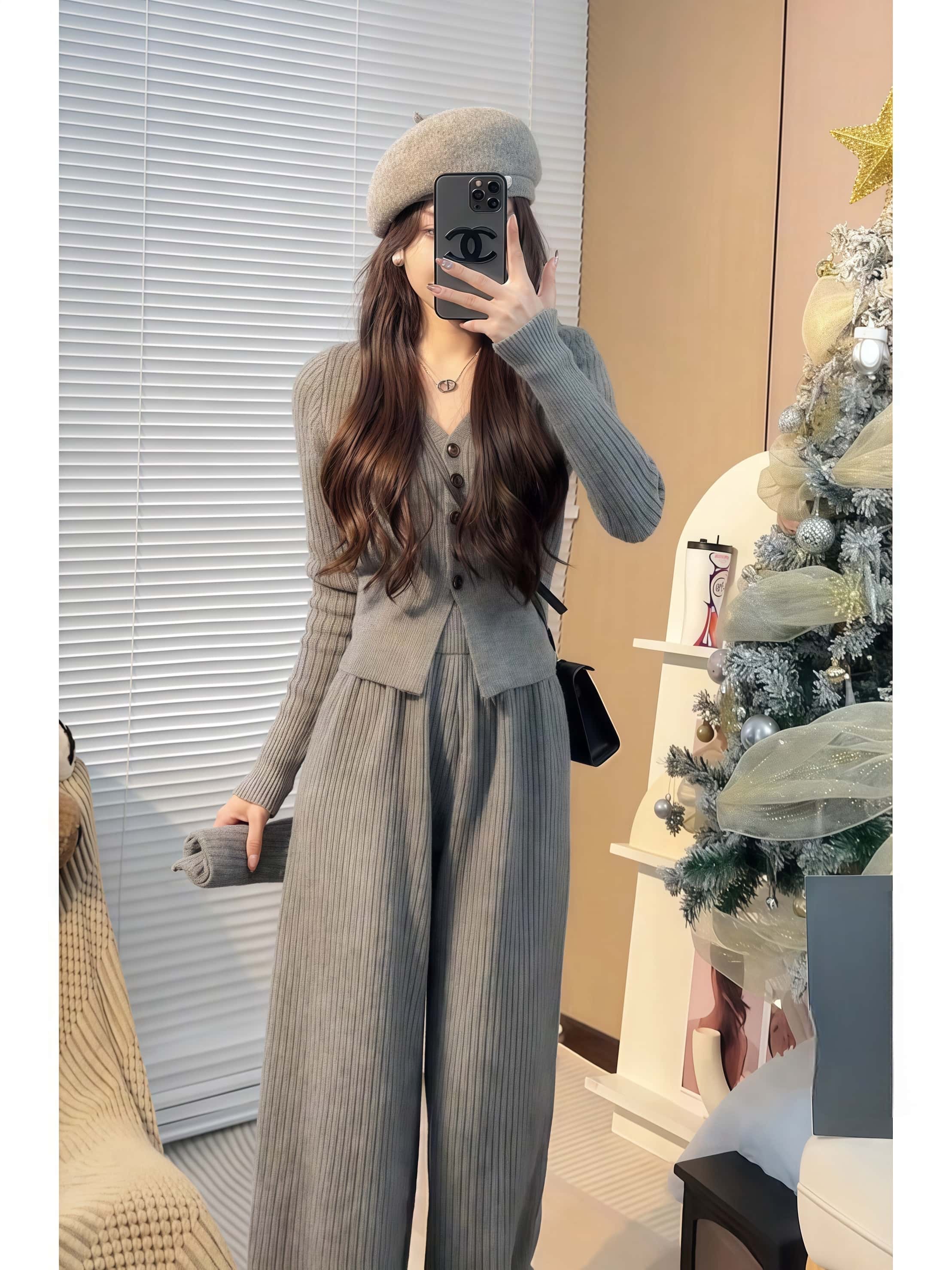 봄 슬림핏 골지니트 가디건 와이드팬츠 투피스 이미지 7