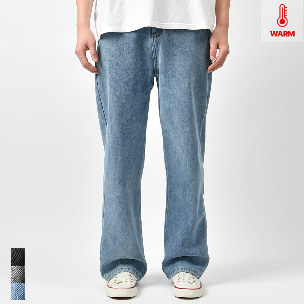 남자 기모 청바지 겨울 세미 와이드 본딩 뒷 밴드 스판 블랙진 워싱 데님 빅사이즈 제품 이미지