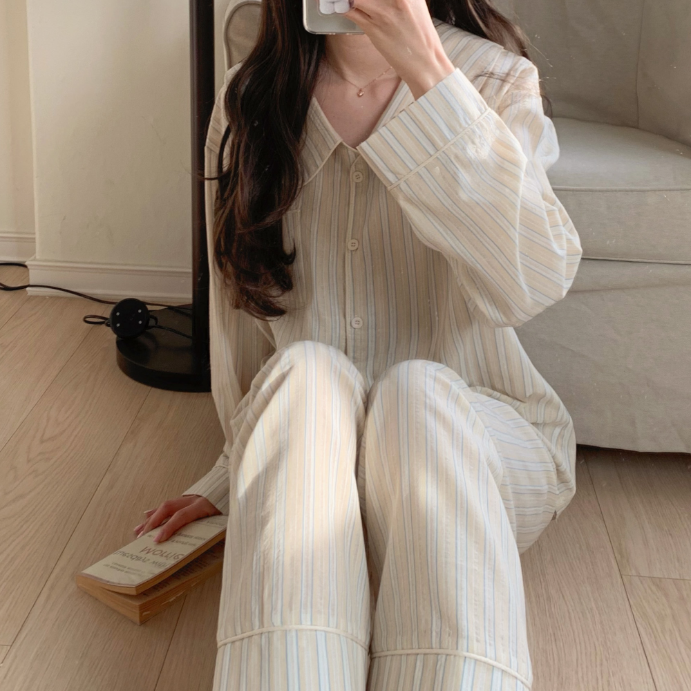 신혼부부잠옷 순면잠옷 베이지 스트라이프 파자마 홈웨어 세트 이미지 8
