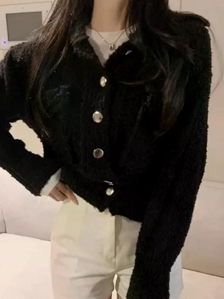 여친룩 데이트룩 따뜻한 스웨터 여성용 가을 겨울 짧은 오픈 카디건 외출용 니트 블랙 - 상세 이미지 2