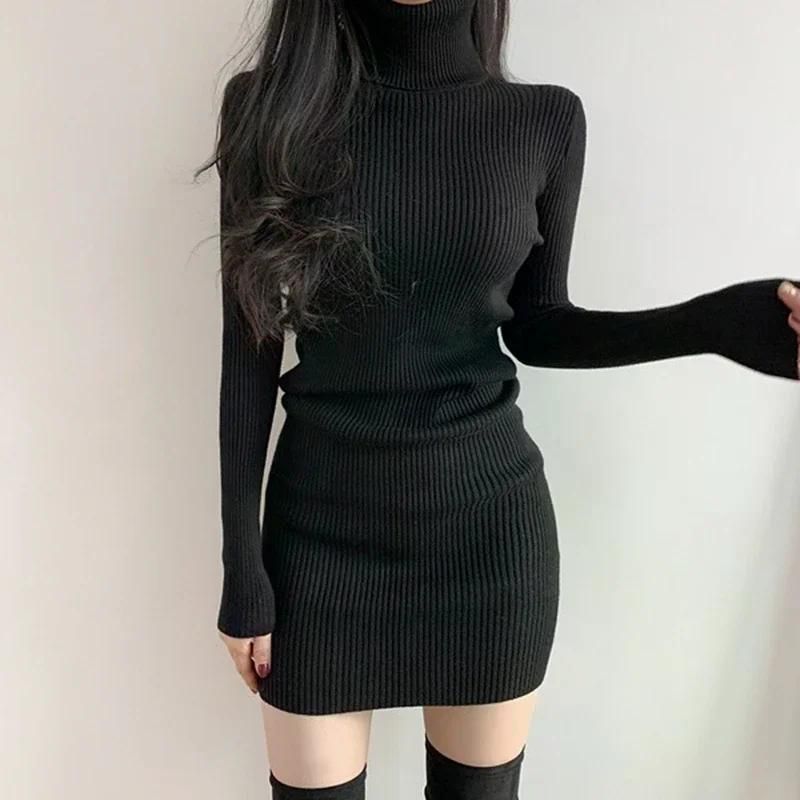 여친룩 데이트룩 우아한 높은 칼라 니트 드레스 슬리밍 스커트 봄 가을 스웨터 품위 세련 화이트 - 상세 이미지 2