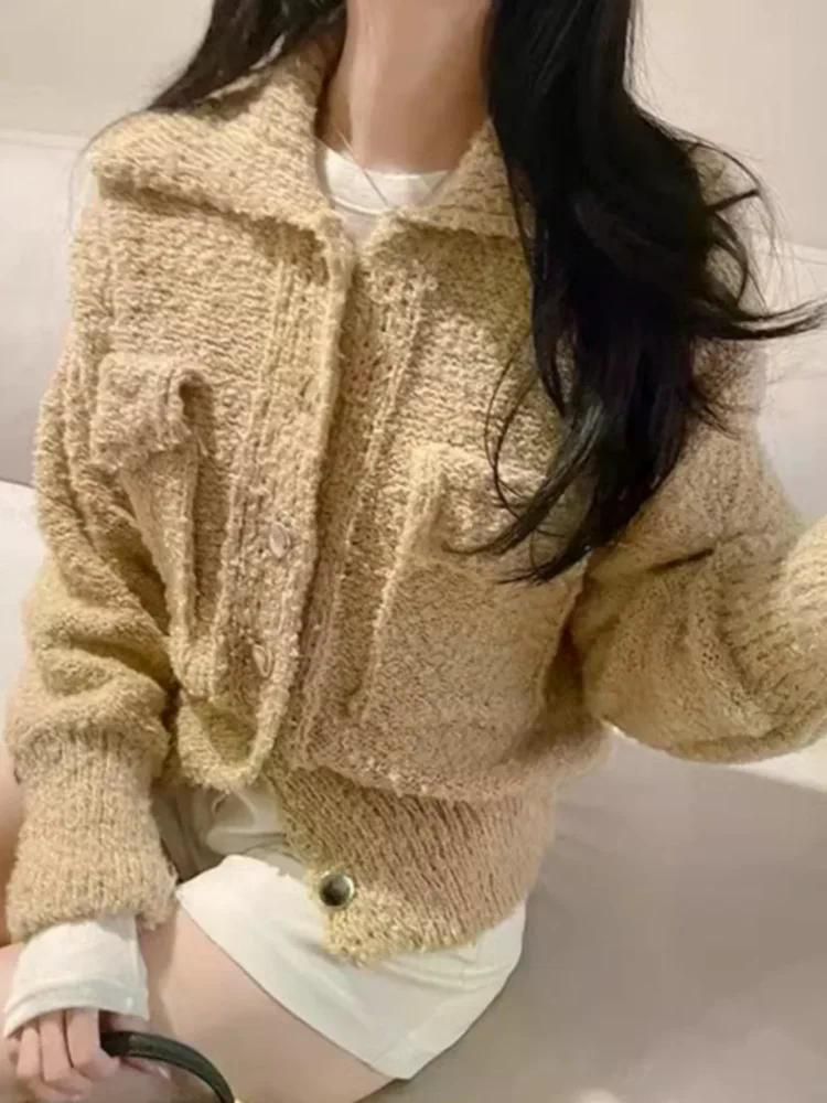 여친룩 데이트룩 따뜻한 스웨터 여성용 가을 겨울 짧은 오픈 카디건 외출용 니트 블랙 - 상세 이미지 3