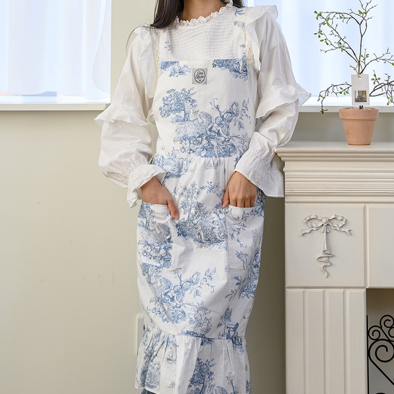 트왈 뜨왈 예쁜 프릴 면 원피스형 앞치마 주방 플로리스트 에이프런 블루, 롱