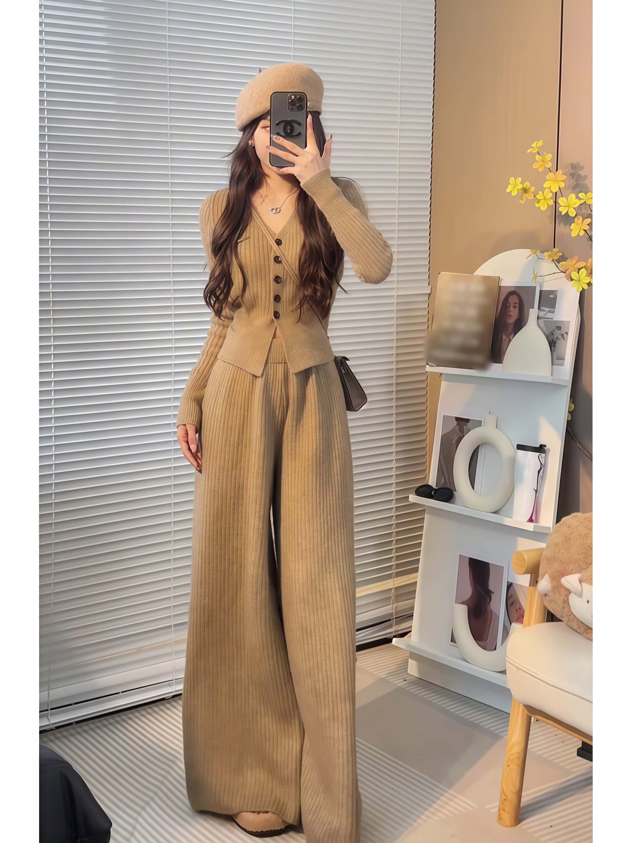 봄 슬림핏 골지니트 가디건 와이드팬츠 투피스 - 상세 이미지 5