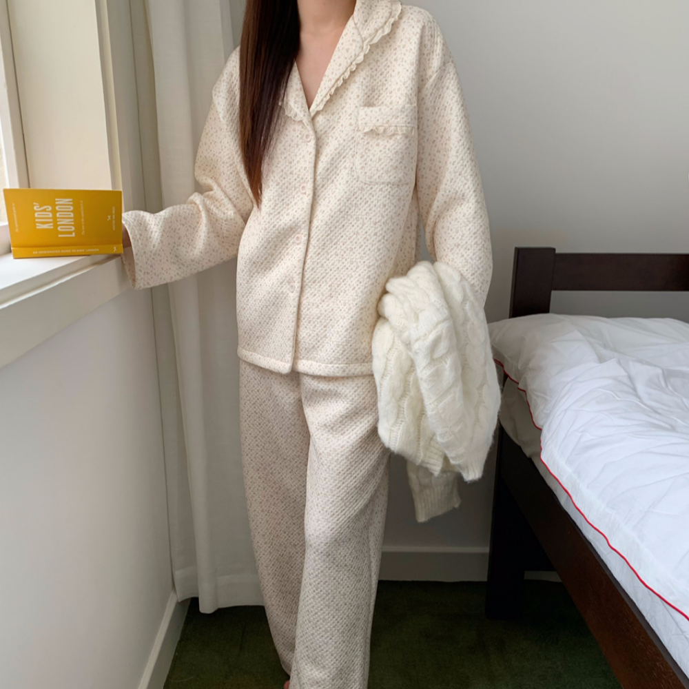 누빔잠옷 겨울파자마 수면잠옷 플라워 기모 레이스 홈웨어 세트 이미지 8