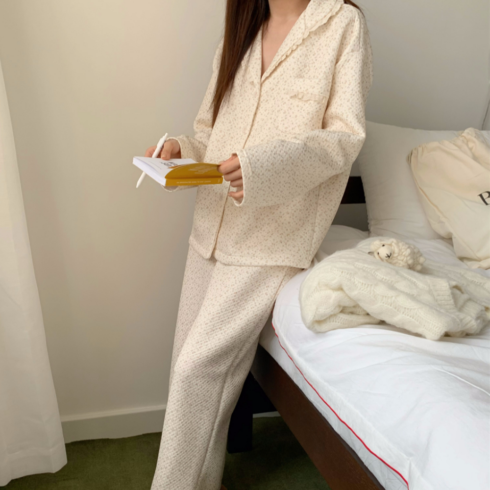 누빔잠옷 겨울파자마 수면잠옷 플라워 기모 레이스 홈웨어 세트 이미지 7