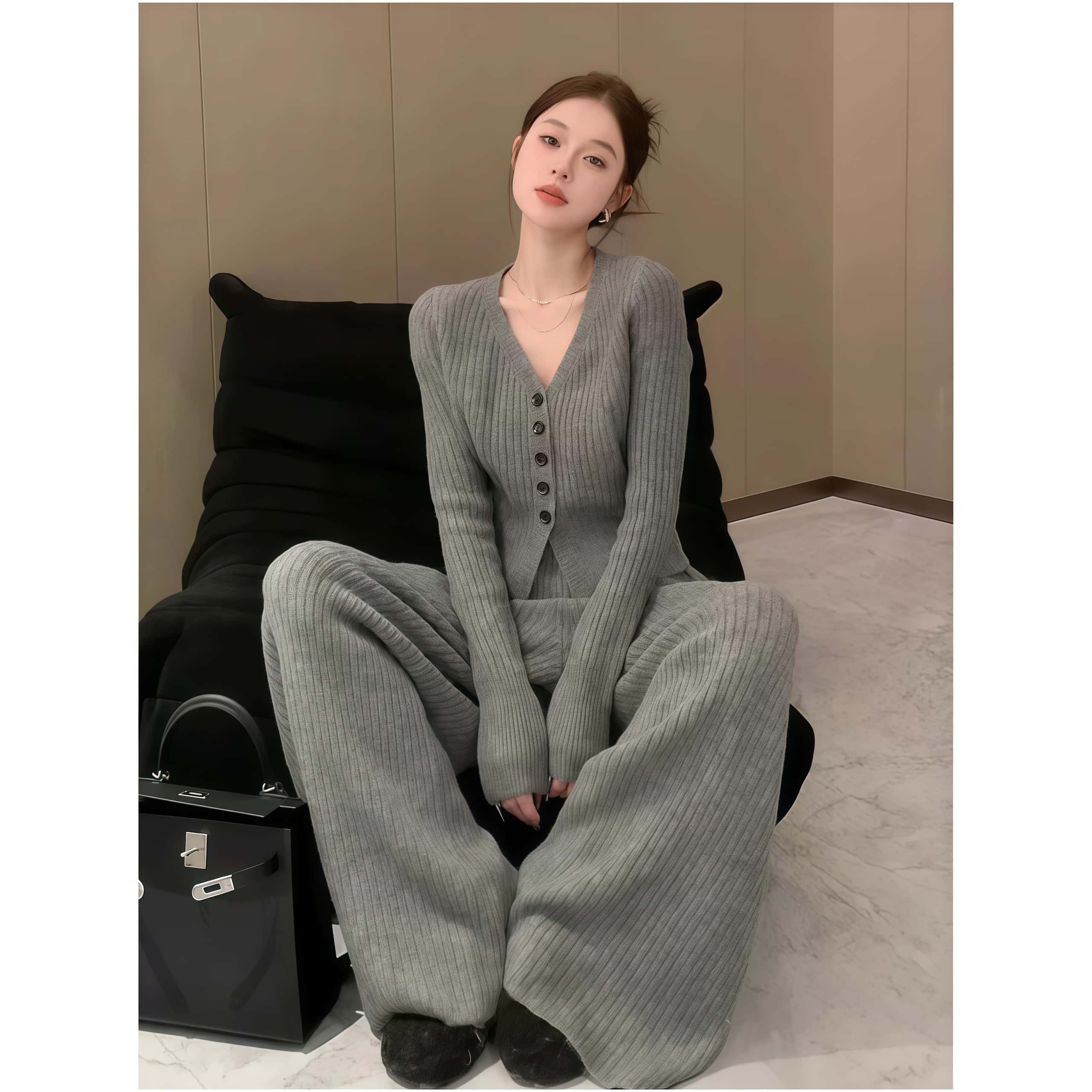 봄 슬림핏 골지니트 가디건 와이드팬츠 투피스 - 상품 이미지