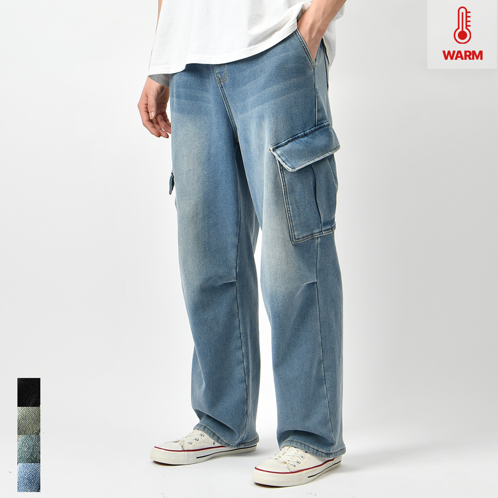 남자 기모 카고 청바지 와이드 겨울 스판 밴딩 본딩 데님 팬츠 제품 이미지