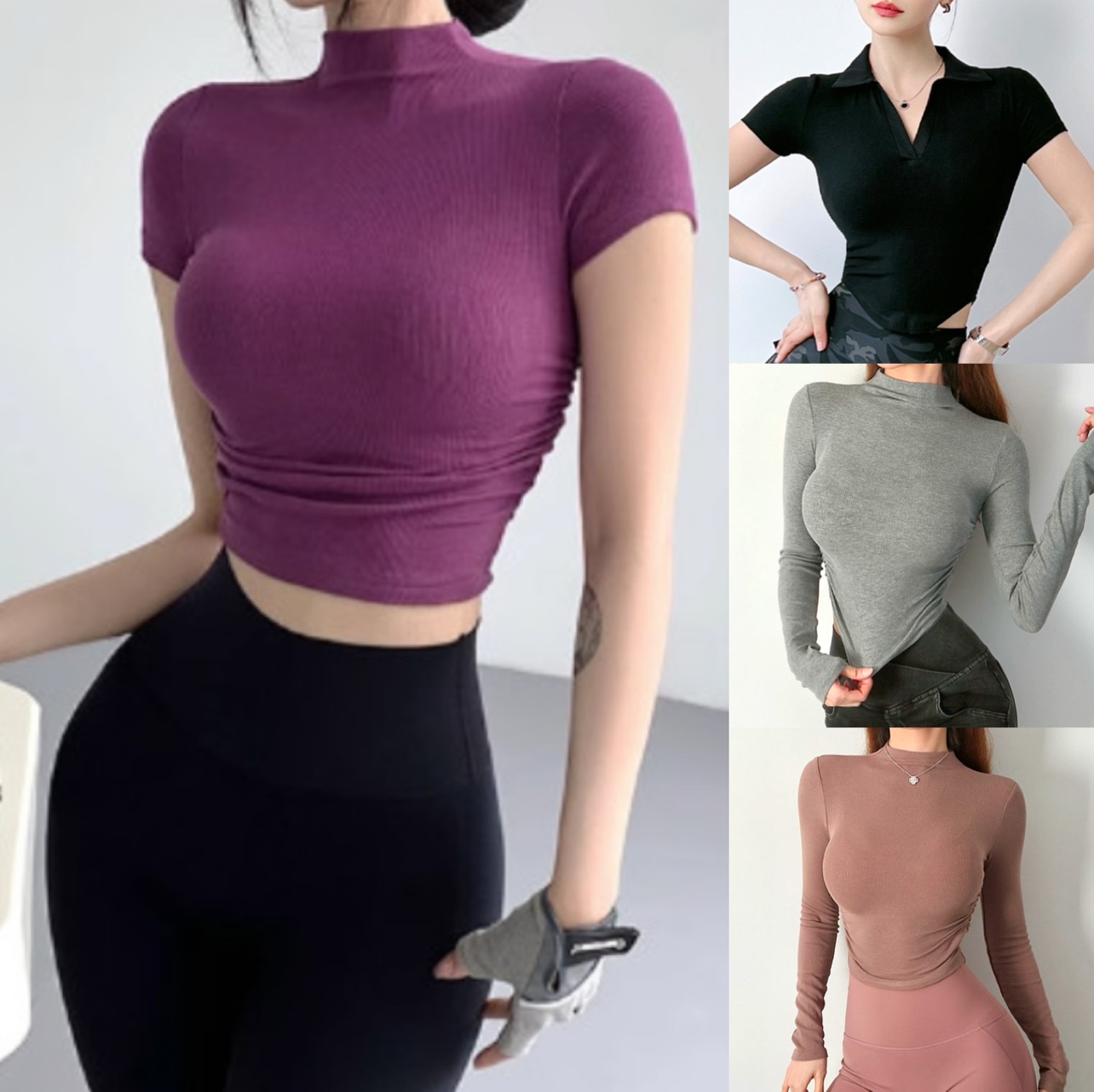 반팔요가복 요가반팔 필라테스 상의 티셔츠 크롭 반터틀넥 - 상품 이미지