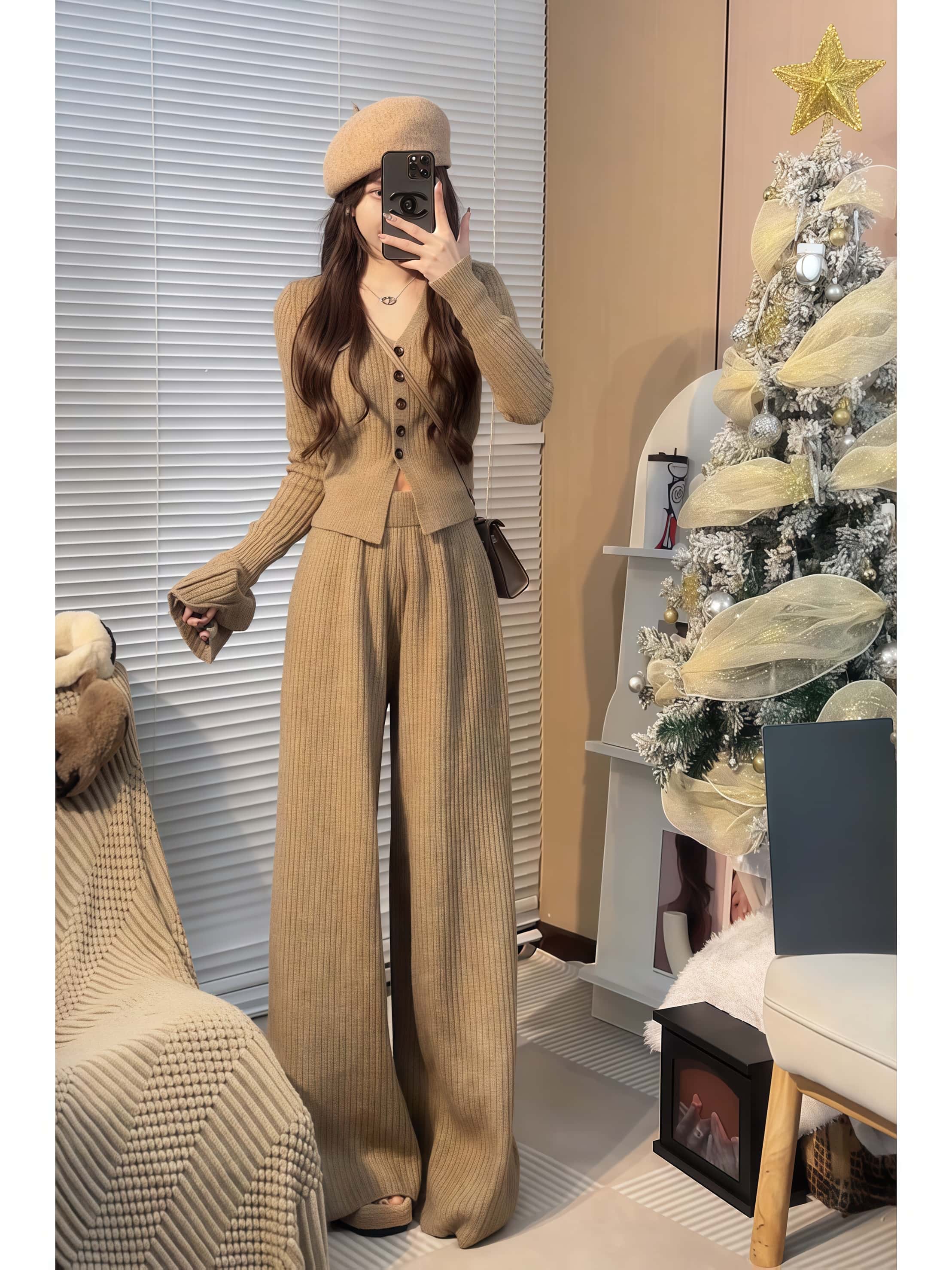 봄 슬림핏 골지니트 가디건 와이드팬츠 투피스 - 상세 이미지 4