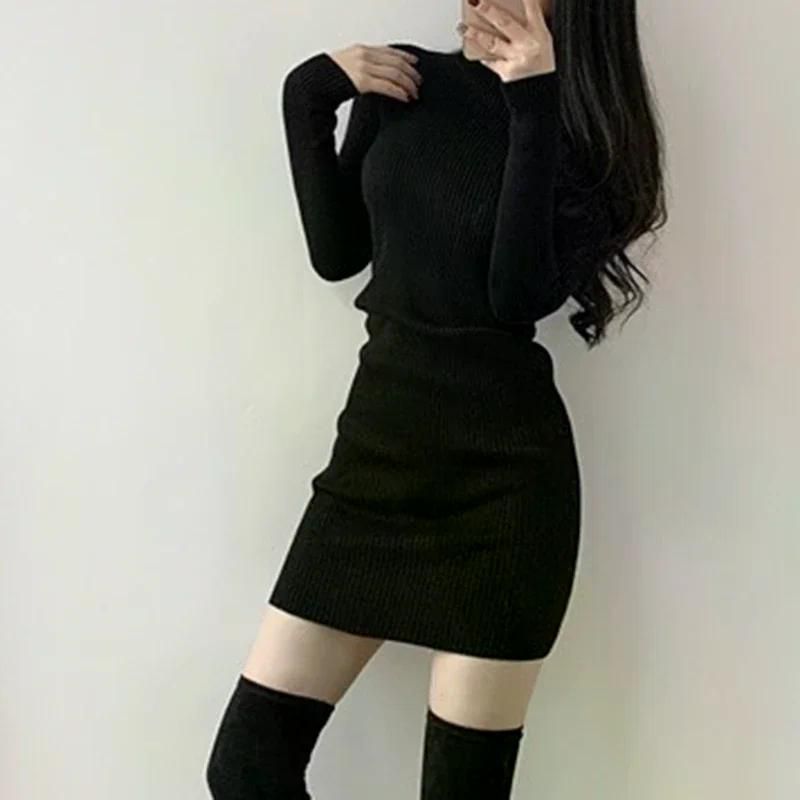여친룩 데이트룩 우아한 높은 칼라 니트 드레스 슬리밍 스커트 봄 가을 스웨터 품위 세련 화이트 - 상세 이미지 4