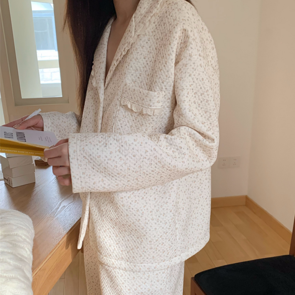 누빔잠옷 겨울파자마 수면잠옷 플라워 기모 레이스 홈웨어 세트 - 상세 이미지 3