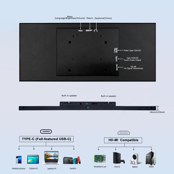 휴대옹 와이드 모니터 포터블 듀얼 스크린 서브 12.3 인치 터치 디스플레이 IPS 1920x720 보조 화면 휴대용 라즈베리 파이 5 4 3 노트북... 