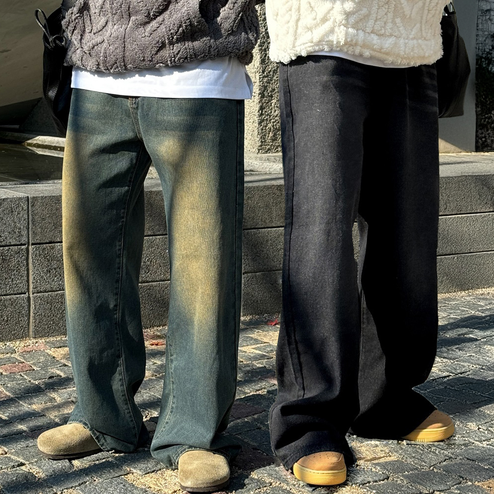 남자와이드청바지 통청바지 흑청바지 벌룬데님 중청바지 - 상품 이미지
