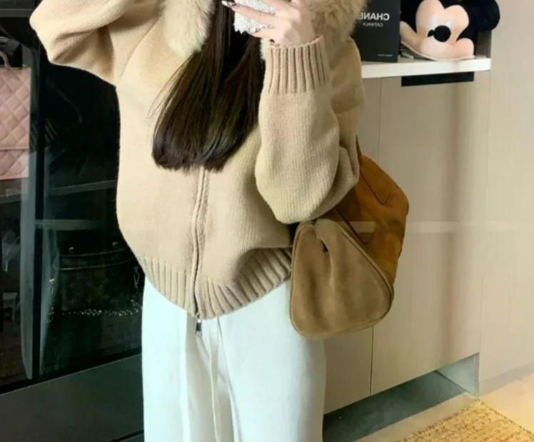 여친룩 데이트룩 후드 니트 재킷 여성 겨울 신상 두꺼운 루즈핏 짧은 지퍼 스웨터 화이트 L - 상세 이미지 2