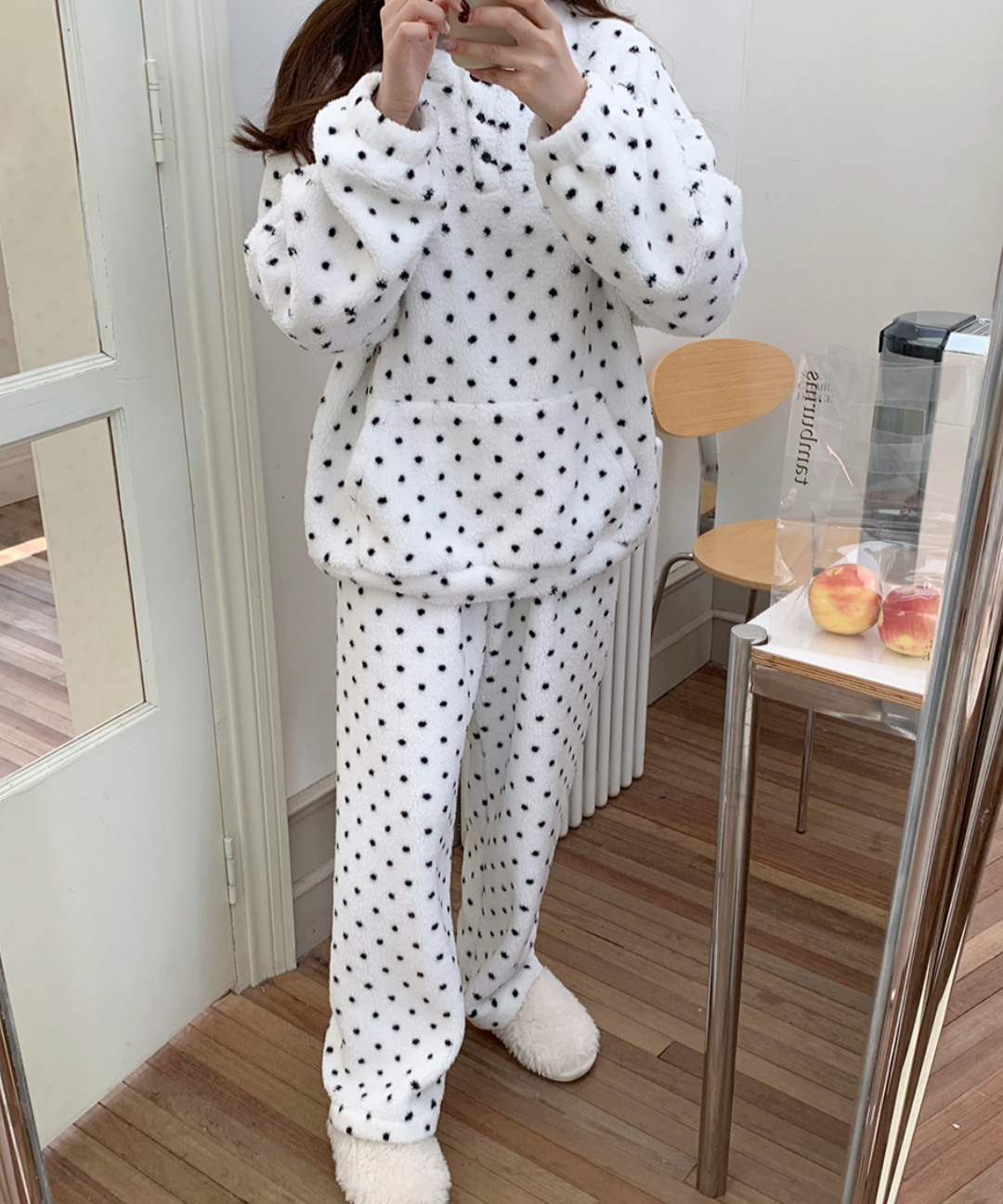 플리스잠옷 땡땡이 겨울 기모 홈웨어 원피스 상하의 세트 파자마 이미지 6