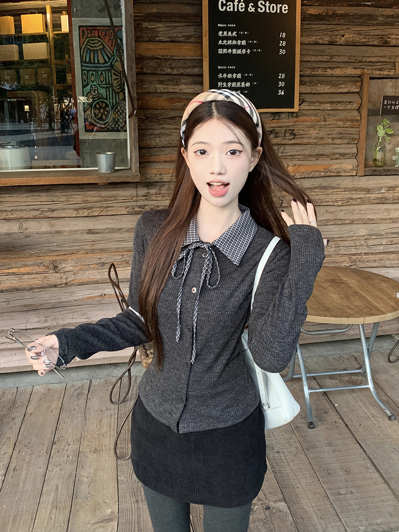 나하나몰 체크 카라 버튼 슬림핏 긴팔 니트 가디건 SE12374