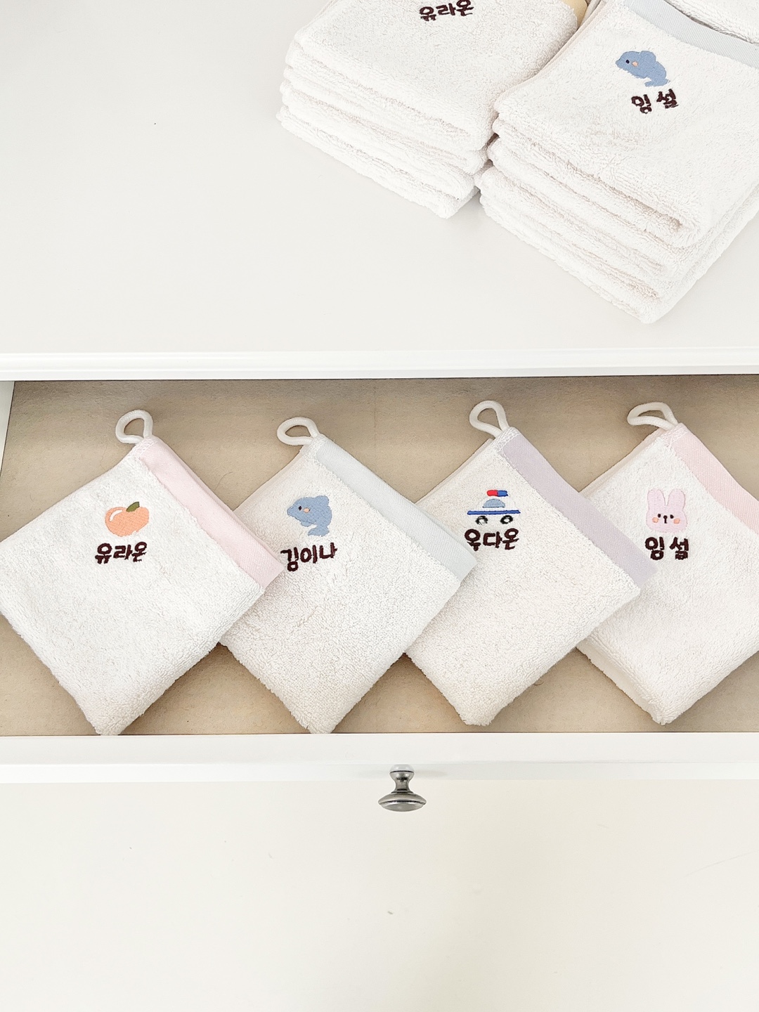 어린이집 고리 수건 5장+1장 세트 유치원 준비물 이름 자수 코마사 면40수 모달 수건