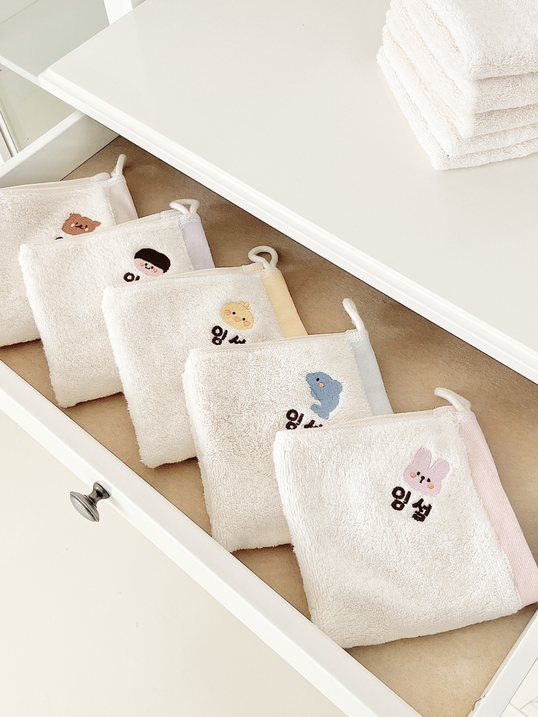 어린이집 고리 수건 5장+1장 세트 유치원 준비물 이름 자수 코마사 면40수 모달 수건