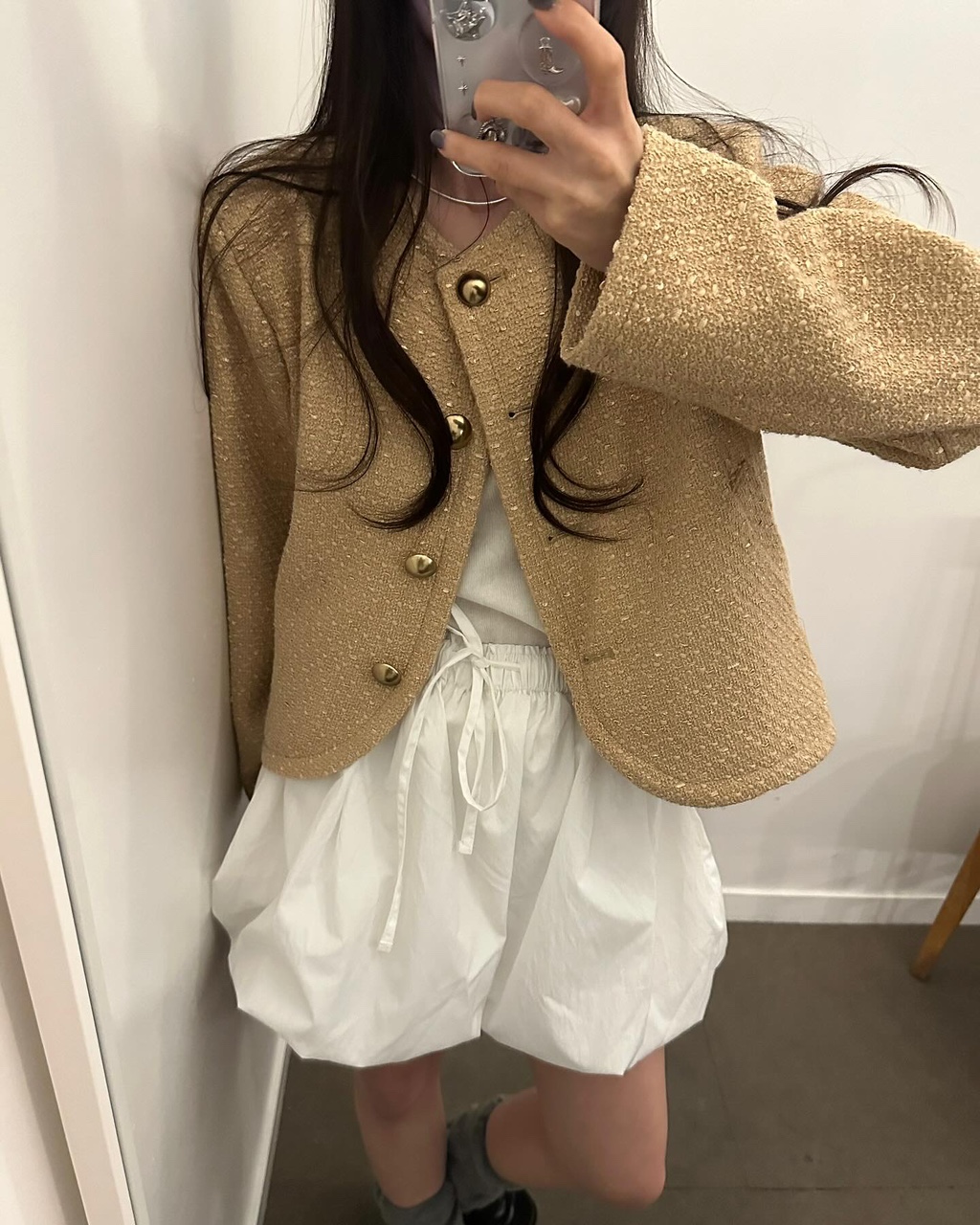 마이지 여성 노카라 라운드 크롭 트위드 오버핏 루즈핏 자켓 상세 이미지 3
