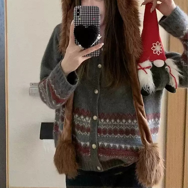 라운드넥 눈꽃모양 가디건 고급 빈티지 레트로 크리스마스 연말연시 느낌 빈티지 디자인 3컬러 - 상품 이미지