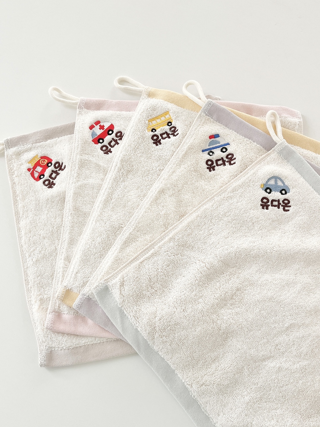 어린이집 고리 수건 5장+1장 세트 유치원 준비물 이름 자수 코마사 면40수 모달 수건