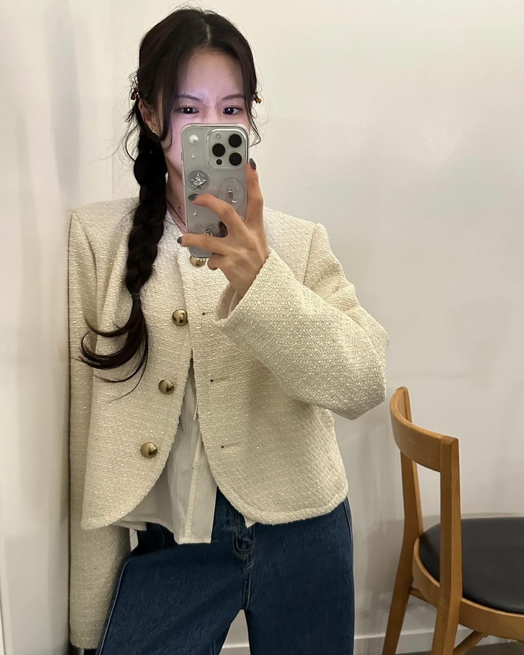 마이지 여성 노카라 라운드 크롭 트위드 오버핏 루즈핏 자켓 상세 이미지 20